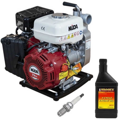 Motobomba Gasolina 4T OHV 38mm 10.000L/h 1,9cv - Kuda + Aceite 4 Tiempos 1L + Bujía – Pack Profesional Agricultura y Riego