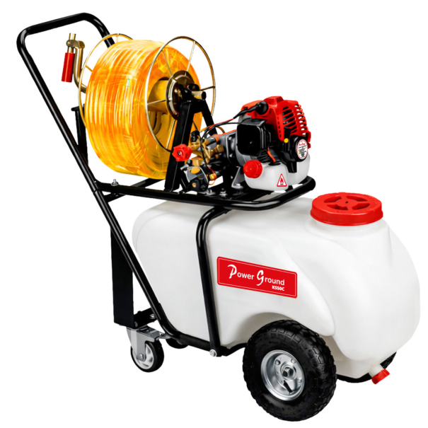 Sulfatadora de carretilla 26cc 50L - PowerGround KS50C con 30m Manguera-Lanza Largo Alcance-Pistola y Pulverizadora