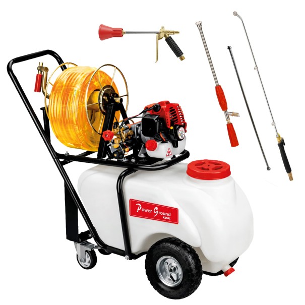 Sulfatadora de carretilla 26cc 50L - PowerGround KS50C con 30m Manguera-Lanza Largo Alcance-Pistola y Pulverizadora